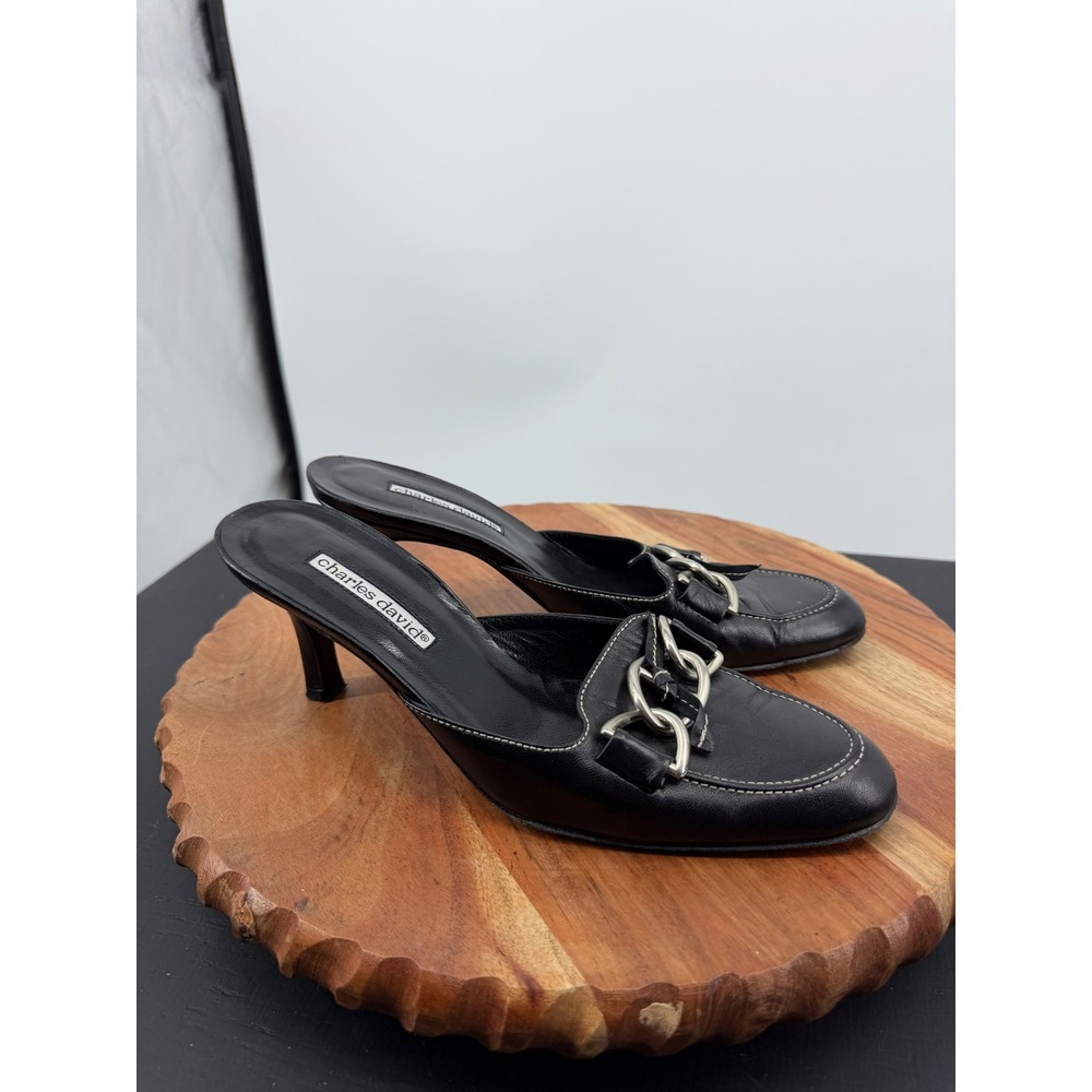 Charles David Chain Link Heeled Mules sz 8 Black Leather Contrast Stitch Spain